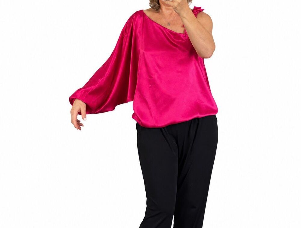 Gutierrez-Marcano Fuchsia Satin One-Shoulder Ruffle Blouse